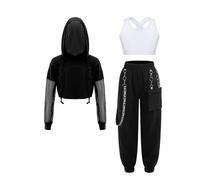 Runhomal Conjunto de 3 piezas Danza Hip Hop Jazz Chica Niño Chaleco Tank Top Sudadera con Capucha Pantalones Casual 5-16 Años, blanco y negro, 9-10 Años