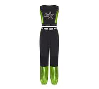 Runhomal Conjunto de baile callejero Hip Hop niño niña Rhinestone brillante Top umbilical expuesto sin mangas pantalones Jogging Patchwork malla Set 2 unids verde fluorescente 11-12 años