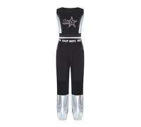 Runhomal Conjunto de baile callejero Hip Hop niño niña Rhinestone brillante Top umbilical expuesto sin mangas pantalones Jogging Patchwork malla Set 2 unids plata 9-10 años