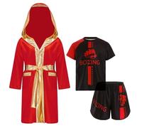 Runhomal Conjunto de Boxeo Tailandés para Niños, Short de Boxeo, Bata de Entrenamiento para Boxeo, Kickboxing, Deporte de Combate, 5-16 Años, rojo, 9-10 Años