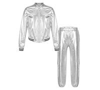 Runhomal - Conjunto de danza para niño y niña, diseño moderno, Jazz, chaqueta metálica, brillante, manga larga, pantalones de baile, hip hop deportivo, disco palazzo 5-16 años, A plateado., 9-10 Años
