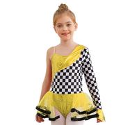 Runhomal disfraces de halloween chica vestido de baile con lentejuelas de un hombro manga impresión a cuadros tutu vestido de fiesta maquillaje carnaval 6-16 años oro 7-8 años