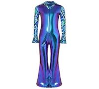 Runhomal Disfraces Disco Niño empalme Impreso Color Metálico Brillante Girar Cuello Manga Larga acampanada Cremallera Pantalones acampanados Pantalones Unidos Azul 7-8 años