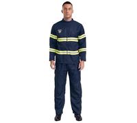 Runhomal - Disfraz de bombero para adulto, uniforme para hombre, con casco, conjunto de cosplay, disfraz de Halloween, carnaval, color azul marino