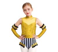 Runhomal - Disfraz de circo con lentejuelas brillantes, sin mangas y mangas para niña, vestido de patchwork de malla transparente, Halloween, juego de rol amarillo 13-14 años