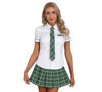 Runhomal - Disfraz Uniforme escolar para mujer, disfraz de colegio sexy para mujer, adulto, corbata, camisa, mini falda plisee, carnaval, cosplay Schoolgirl, verde, L
