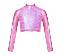 Runhomal - Top de baile moderno para niña, manga larga, baile, jazz, lentejuelas brillantes, crop top Hip Hop disfraz espectáculo de 5 a 16 años, B rosa., 11-12 Años