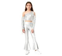 Runhomal Top Ombilical Aparent De Un Hombro Niños Niñas Conjunto Espectáculo Danza Lentejuelas Brillantes Plisado Pantalones Acampanados Divididos Pantalones Metal, plata, 11-12 Años
