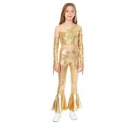 Runhomal Top Ombilical Aparent De Un Hombro Niños Niñas Conjunto Espectáculo Danza Lentejuelas Brillantes Plisado Pantalones Acampanados Divididos Pantalones Metal, dorado, 11-12 Años