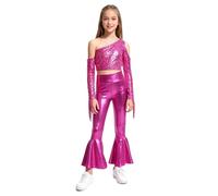 Runhomal Top Ombilical Aparent De Un Hombro Niños Niñas Conjunto Espectáculo Danza Lentejuelas Brillantes Plisado Pantalones Acampanados Divididos Pantalones Metal, rosa fuerte, 5-6 Años