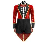 Runhomal Traje De Circo Niño Chico Chica Disfraces De Halloween Disfraz De Juego De Rol Mago Smoking Con Lentejuelas Manga Larga Body Arco 6-16 Años Rojo 36