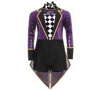 Runhomal Traje De Circo Niño Chico Chica Disfraces De Halloween Disfraz De Juego De Rol Mago Smoking Con Lentejuelas Manga Larga Body Arco 6-16 Años Púrpura 36