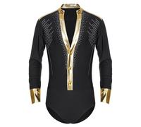 Runhomal - Traje de danza latina para hombre, manga larga, cuello en V, traje de danza, jazz, tango ballet, rumba brillante, Leotard Gym, Negro , XL