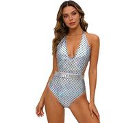 Runhomal Trajes de baño de una sola pieza brillante para las mujeres Bikini Sirena Buceo Lección de Natación Curso de Natación, plata, L