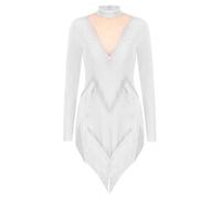 Runhomal Vestido de Baile Latino para Mujer con Strass, Justaucorps de Manga Larga, Traje de Baile Tango, Ropa de Patinaje, Dancewear S-XXL, blanco, XL
