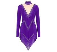 Runhomal Vestido de Baile Latino para Mujer con Strass, Justaucorps de Manga Larga, Traje de Baile Tango, Patinaje, Ropa de Baile S-XXL, morado, XL