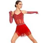 Runhomal Vestido de baile latino Vestido de baile latino Mujer leotardo Curso de Tango Competición Rhinestone Brillante Cuello en V, borgoña, XXL