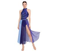 Runhomal - Vestido de baile lírico para mujer, adulto, danza, curso de vientre, vestido con falda de tul recortada y velo flotante, azul marino, XXL