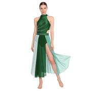 Runhomal - Vestido de baile lírico para mujer, adulto, danza, curso de vientre, vestido con falda de tul recortada y velo flotante, verde, S