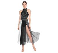 Runhomal - Vestido de baile lírico para mujer, adulto, danza, curso de vientre, vestido con falda de tul recortada y velo flotante, Negro , XXL