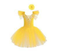 Runhomal - Vestido de danza clásica para niña, con flores, justaucorps para gimnasia, ballet, patinaje, leotardo, para carnaval, fiesta, espectáculo, 3-14 años, A amarilla., 11-12 Años