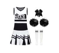 Runhomal Vestido De Porristas Niño Niña Top Sin Mangas Impreso Falda Plisada Con Cabello Bolas Flores Calcetines Rayas 3-10 Años Negro Blanco 7-8 años