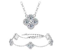 runhuabaihuo 18k chapado en oro 925 Plata 3mm Moissanite collar pendientes pulsera conjuntos trébol flor encanto joyería(N-B-Set-White Gold)