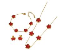 runhuabaihuo 2/4 Uds 18K chapado en oro cinco hojas flor pendiente collar pulsera conjunto elegante diseño de moda regalos joyería(S19-1pc-Red)