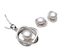 runhuabaihuo Conjuntos de collar y pendientes de plata de ley 925 for mujer, colgante de perlas naturales de boda clásica, regalo blanco, negro y gris(White pearl set)