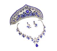 runhuabaihuo Conjuntos de joyas for mujer, corona de novia de lujo, Tiaras rojas y collar, pendientes(Gold Blue Sets)