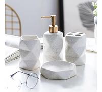 RUNLAIKEJI Juego de accesorios de baño, juego de accesorios de baño de cerámica, incluye bomba dispensadora de jabón, soporte para cepillo de dientes, 1 taza de gárgaras y jabonera