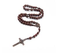 Runmeihe Collar de Rosario con Cruz Católica, Cuentas de Oración de Madera Natural con Medalla Cruz Jesucristo San Benito, para Cristianos Católicos Comunión Religiosa, Bautismo, Misa, Biblia