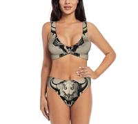 Runner Bull Skull Print - Conjunto de bikini deportivo para mujer, cuello redondo, trajes de baño de dos piezas, tallas S-XXL, Negro, XL
