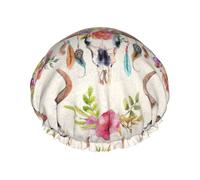 Runner - Gorro de ducha grande impermeable con estampado de calavera de toro para mujer, pelo largo, lavable, banda elástica