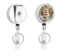 Running Corgi - Soporte para tarjetas de identificación con cable retráctil y clip de cocodrilo giratorio de 360°, carrete de acero inoxidable resistente, soporte para etiquetas de nombre para