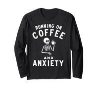 Running on Coffee and Anxiety Funny Skeleton Drinking Coffee Manga Larga