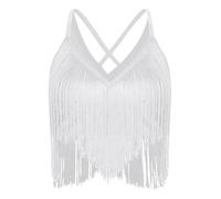 RUNQHUI - Camiseta de baile corto para mujer con flecos con diamantes de imitación de crop Top Danza del Vientre Baile Latino Jazz Chacha, blanco, L