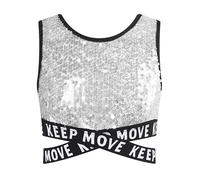 RUNQHUI Camiseta de Baile Hip Hop con Lentejuelas Brillantes para Niña, Top Corta de Manga Corta, Crop Top de Danza Moderna, Jazz, Gimnasia, Dancewear para Niñas de 3-16 Años, A plateado., 5-6 Años