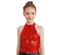 Runqhui - Camiseta de baile para niña, con lentejuelas brillantes y sin mangas halter cuello Top traje danza moderna jazz Hip hop Gimnasia Show Carnaval 3-16 años, Tipo A rojo, 5-6 Años