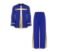 Runqhui - Conjunto de ropa de baile Liturgia Top manga larga Metálico con pantalones traje espectáculo, azul real, XXXL