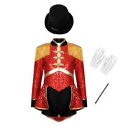 RUNQHUI - Disfraz de circo Ringmaster mago, conjunto de disfraz de señor leotardos con lentejuelas, Halloween, carnaval, 5-16 años, color rojo 9-10 años