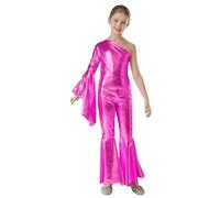 RUNQHUI - Disfraz de disco para niño, niña, mono metálico, pantalón acampanado, años 70, disfraz hippie de leotardo de baile 5-16 años, rosa fuerte, 5-6 Años