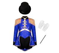 RUNQHUI - Disfraz de niña de circo Ringmaster mago, conjunto de disfraz de señor leotardos con lentejuelas, Halloween, carnaval, 5-16 años, azul 9-10 años