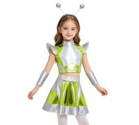 RUNQHUI Niños Disfraz De Alienígena Para Niña Disfraz Alienígena Halloween Robot Galáctico Diadema De Cosplay Traje Para Sesión Fotos Verde fluorescente 7-8 años