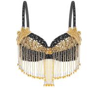 RUNQHUI Top de mujer para danza con lentejuelas, sujetador de traje de danza oriental, Negro , Talla única