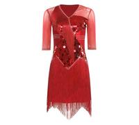 RUNQHUI - Vestido de baile de salón latino salsa rumba samba con flecos con lentejuelas vestido de media manga rendimiento, rojo, L