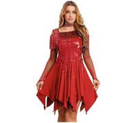 RUNQHUI - Vestido de baile latino para mujer de manga larga con flecos con lentejuelas vestido de baile, rojo, XL