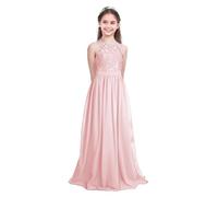 RUNQHUI Vestido de niña largo de muselina con encaje, para boda, dama de honor, fiesta, aniversario, ceremonia, 5-16 años, rosa perla, 13-14 Años