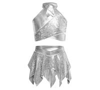 RUNQHUI Vestido de niña para danza latina moderna, jazz, conjunto de lentejuelas, top corto con falda, atuendo para hip hop, disco, gimnasia, patinaje, plata, 7-8 Años
