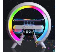 RUNQIN Nueva Lámpara de Mesa LED Inteligente,Altavoz Bluetooth Forma de G con Reloj Despertador,Lámpara de Ambiente con Cargador Inalámbrico,Altavoz Bluetooth Lámpara de Luz Nocturna Regulable (Negro)